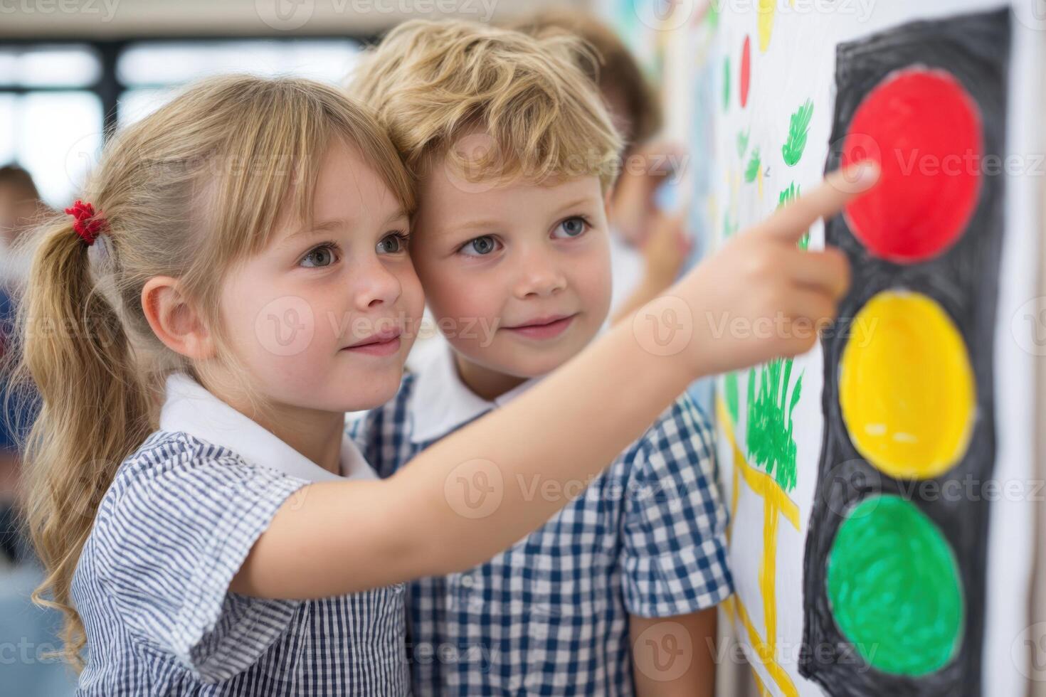 Two children, a girl and a boy, are engaged in a creative activity, pointing at a colorful traffic light drawing on a wall, showcasing their enthusiasm and curiosity in a classroom setting photo