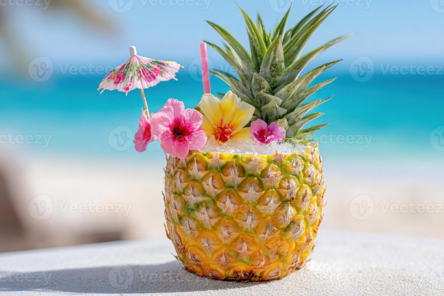 Tropical pineapple drink garnished with colorful flowers and a small umbrella, set against a serene beach backdrop with turquoise waters and soft sand, evoking a refreshing summer vibe photo