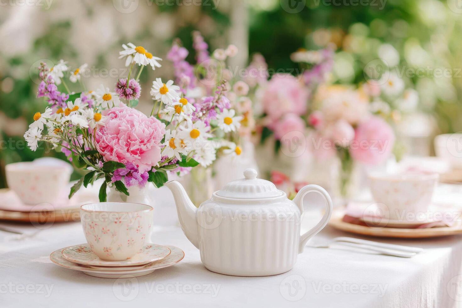 Elegant tea set with white teapot and floral arrangement on a table, surrounded by delicate cups and saucers, creating a charming outdoor dining atmosphere photo