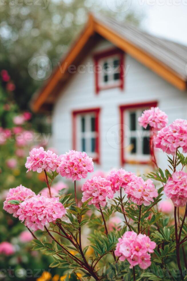 Vibrant pink flowers in the foreground with a charming white house featuring red accents in the background, creating a picturesque garden scene filled with natural beauty photo