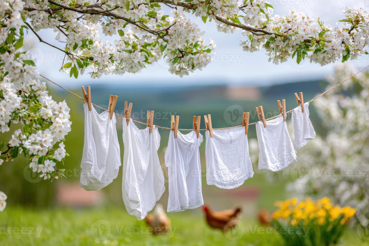 White laundry hanging on a clothesline under blooming apple trees, with vibrant flowers and chickens in the background, showcasing a serene countryside lifestyle photo