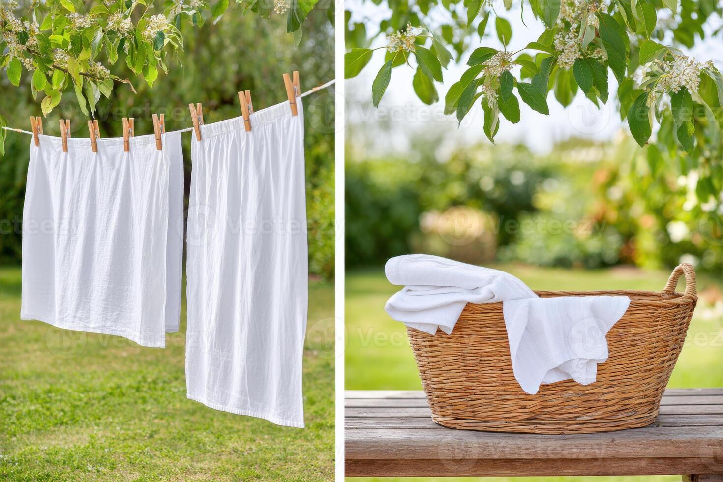 Freshly laundered white linens hanging on a clothesline outdoors, with a wicker basket filled with folded towels nearby, showcasing a serene laundry day scene in a garden photo