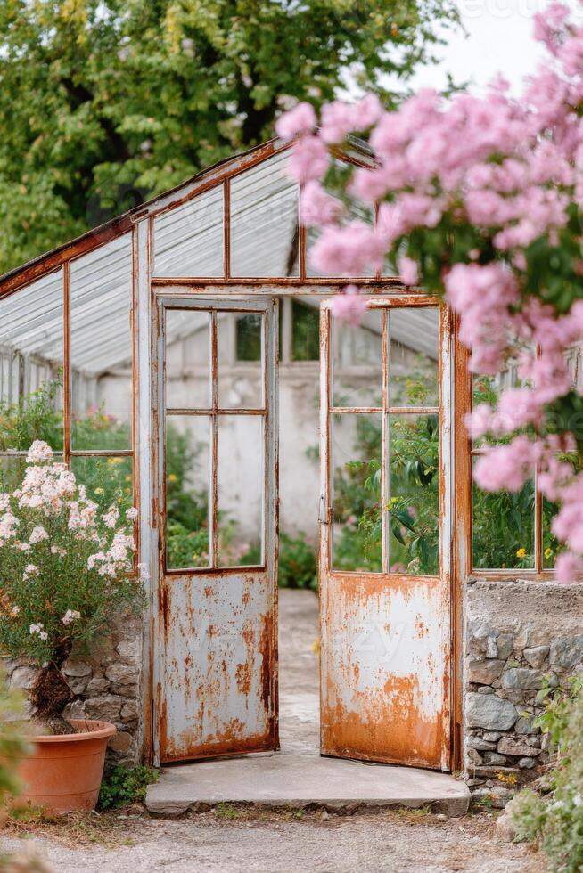 Rustic greenhouse entrance with weathered double doors, surrounded by blooming flowers and lush greenery, inviting exploration into a vibrant garden space filled with nature's beauty photo