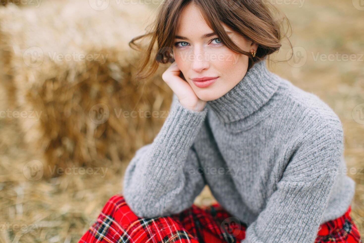 Young woman with brown hair wearing a cozy gray sweater and plaid skirt, sitting on hay bales in a rustic outdoor setting, exuding warmth and natural beauty photo