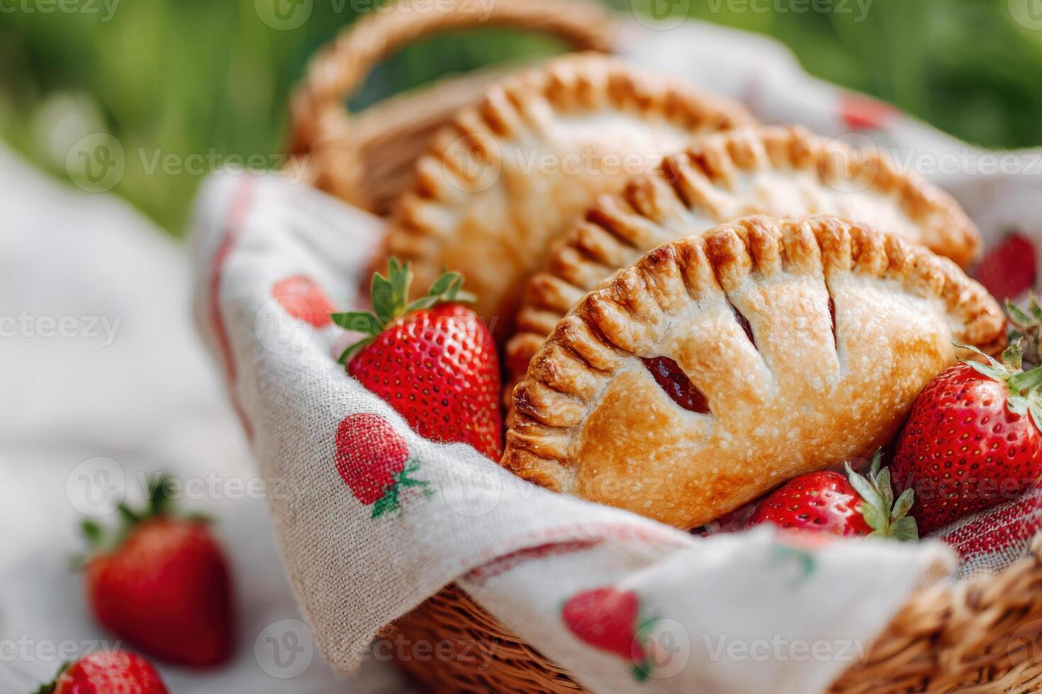 Freshly baked pastries in a woven basket, surrounded by ripe strawberries and a soft linen cloth, creating a delightful and inviting culinary scene photo