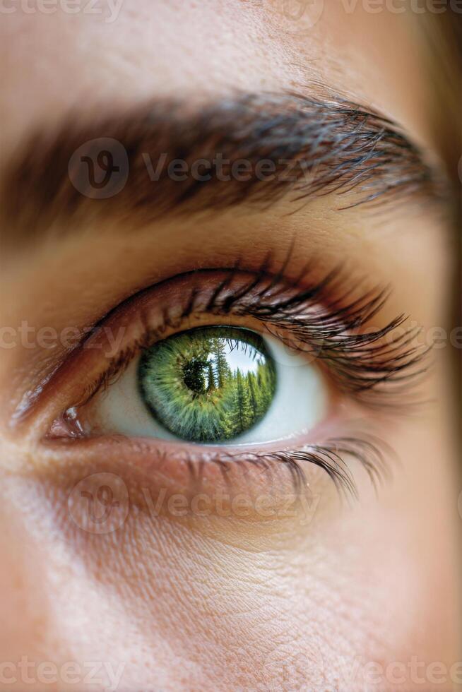 Close-up of a human eye showcasing vibrant green iris, detailed eyelashes, and skin texture, reflecting nature in the pupil, emphasizing beauty and depth of vision photo
