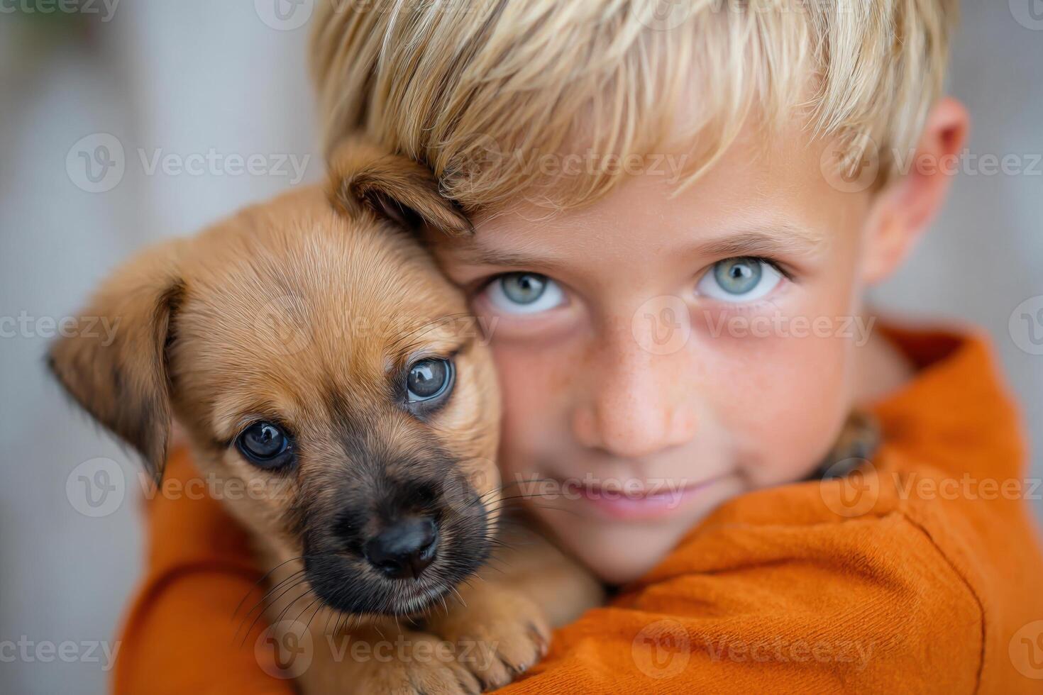 Young boy with blonde hair is embracing a small brown puppy, showcasing a heartwarming bond between child and pet in a soft, natural setting with gentle lighting photo
