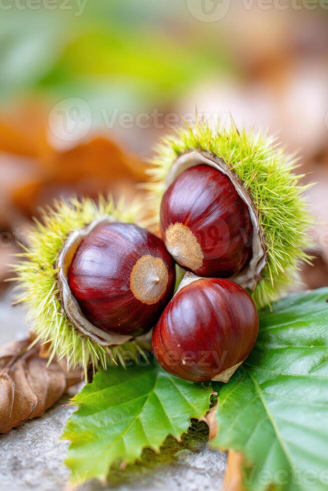 Three chestnuts nestled in their spiky green husks on a bed of vibrant green leaves, showcasing the beauty of autumn's harvest and nature's bounty photo