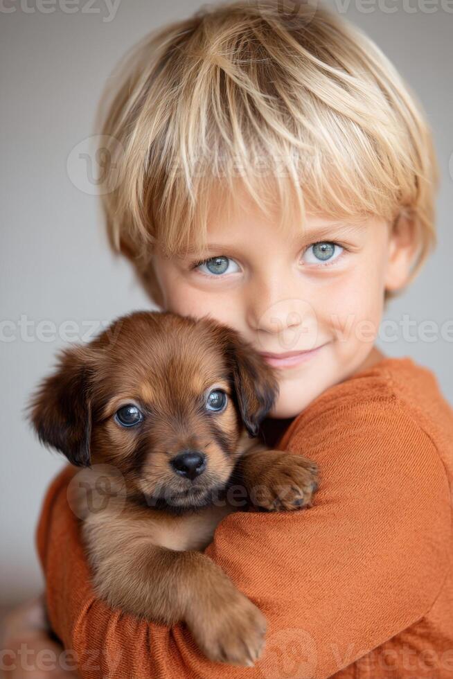 Young boy with blonde hair is joyfully holding a small brown puppy in his arms, showcasing a heartwarming bond between child and pet in a cozy indoor setting photo