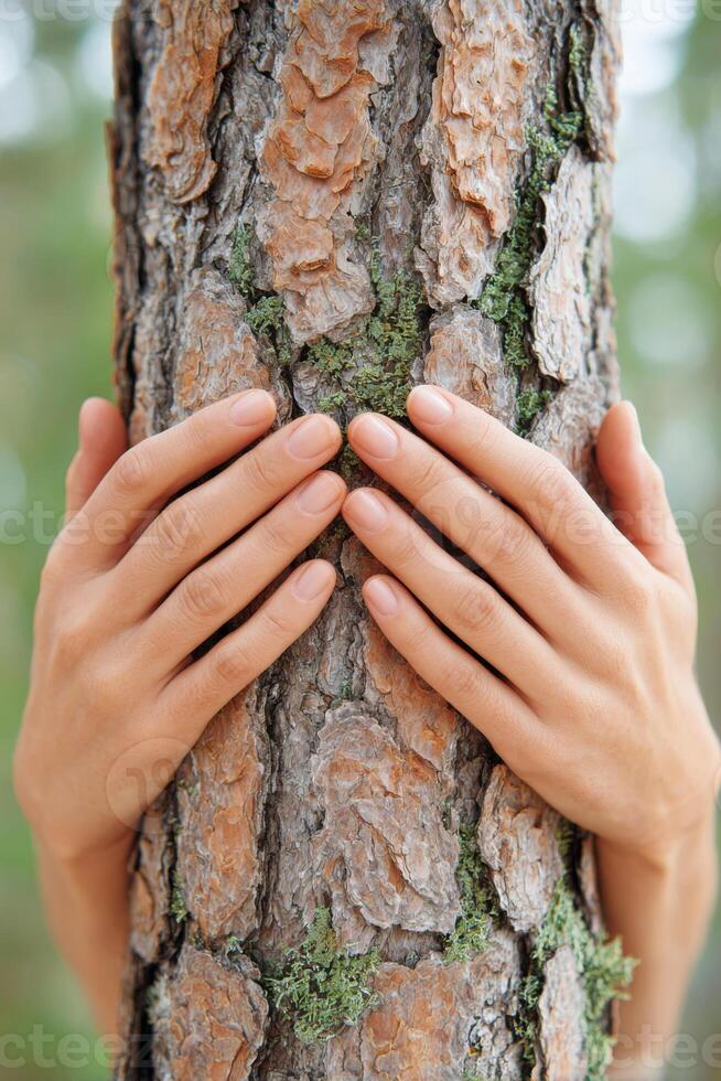 Hands of a person gently embracing a textured tree trunk, showcasing the connection between nature and humanity, highlighting environmental awareness and appreciation for the outdoors photo