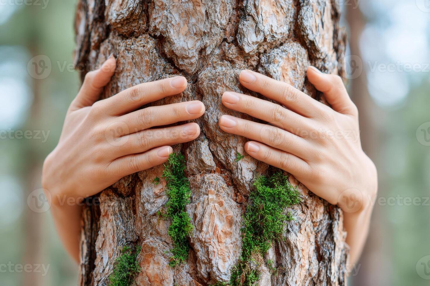 Hands gently embracing a textured tree trunk, showcasing the connection between humans and nature, with soft green moss accentuating the bark's natural beauty and warmth photo