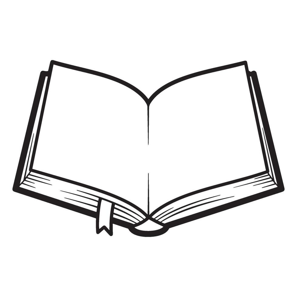 Simple open book illustration with bookmark in black and white outline for education vector