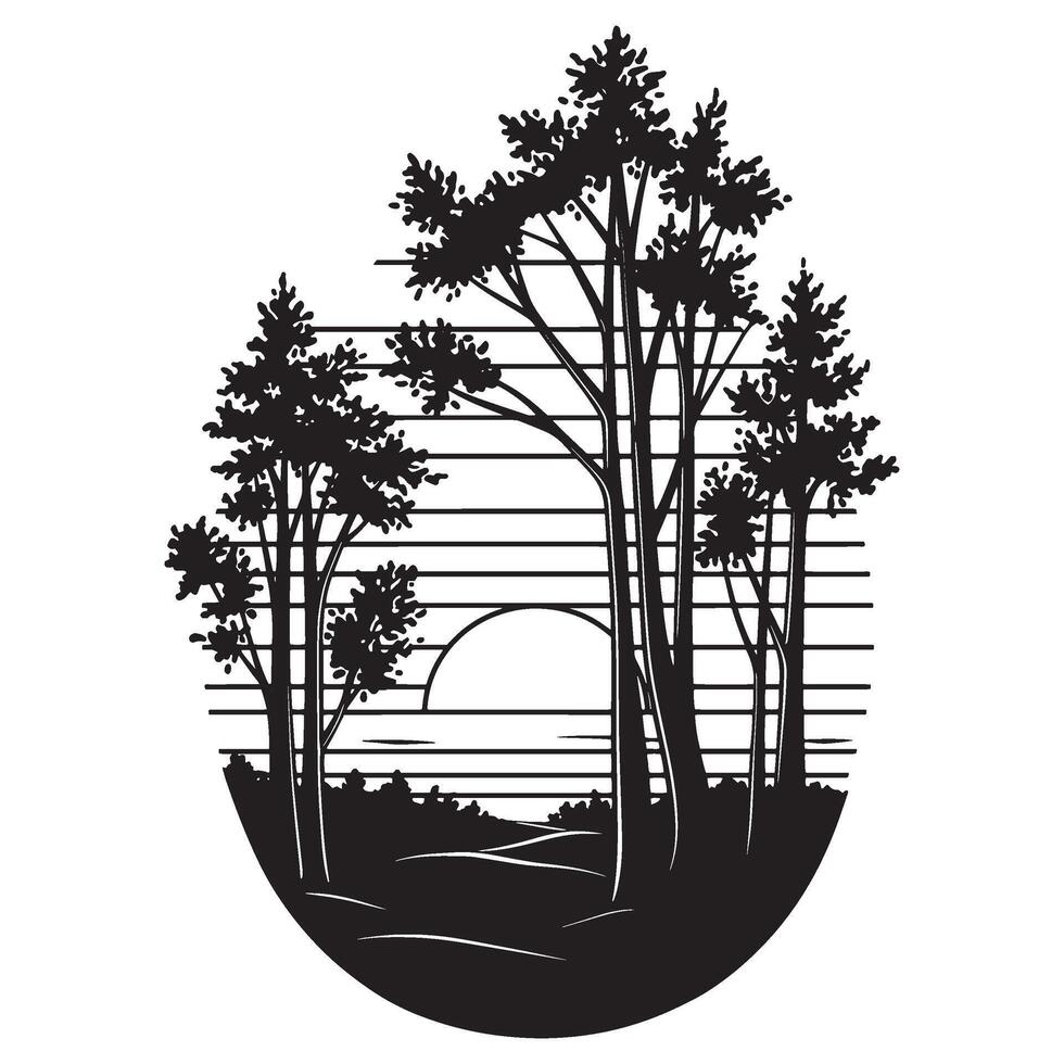 Silhouette of a forest scene with sunset and trees in an oval frame design vector