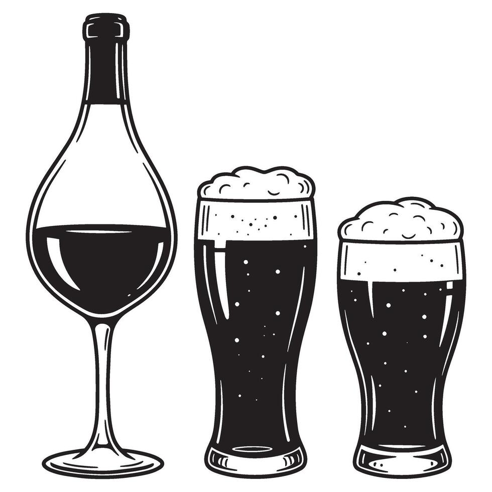 Elegant black and white illustration of wine and beer glasses for drinks and beverage concepts vector