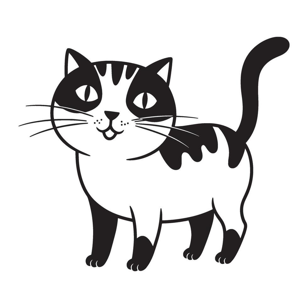 Cute black and white cartoon cat standing and smiling with whiskers on isolated background vector