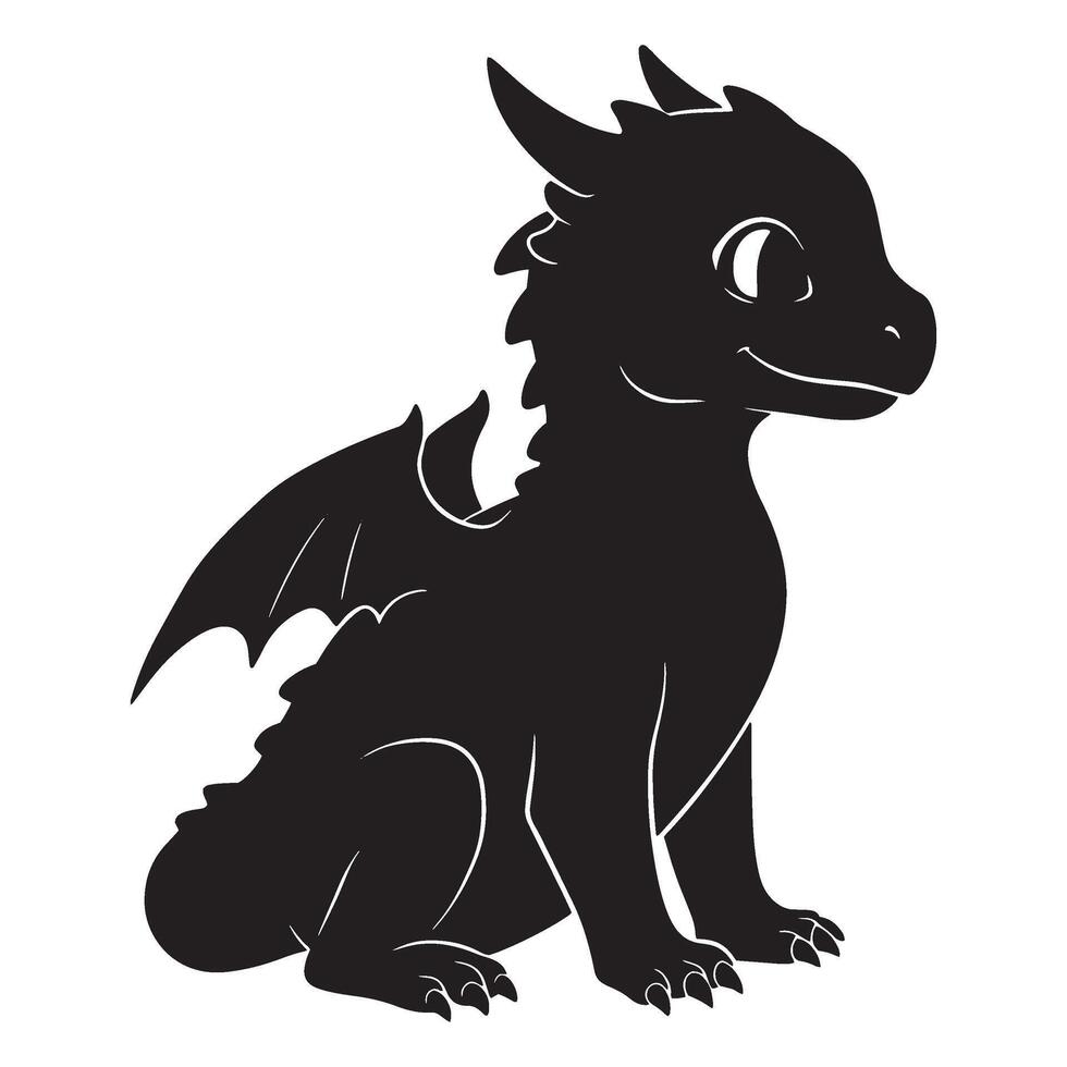 Adorable black cartoon dragon silhouette sitting and smiling on a white background vector