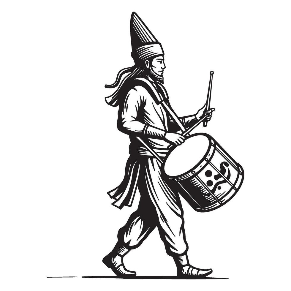 Silhouette of a traditional musician playing a drum in a period costume illustration vector