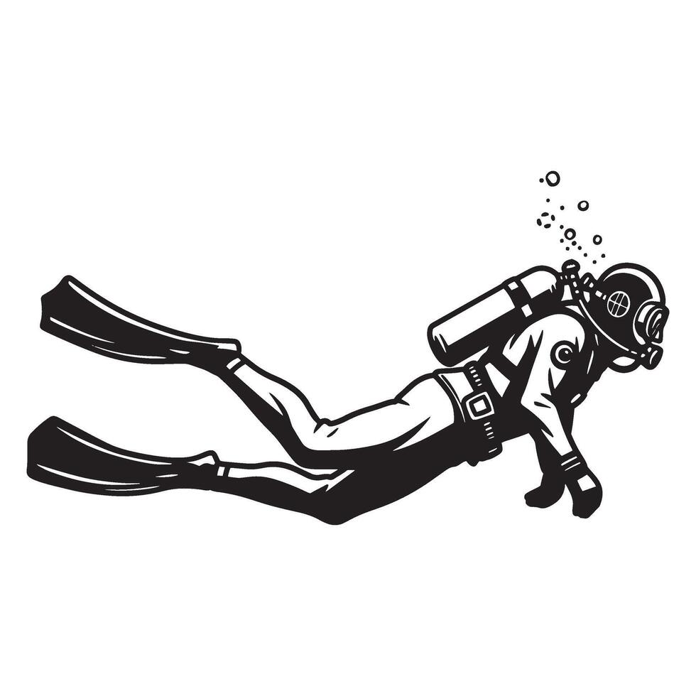 Black and white illustration of a scuba diver exploring underwater with equipment vector