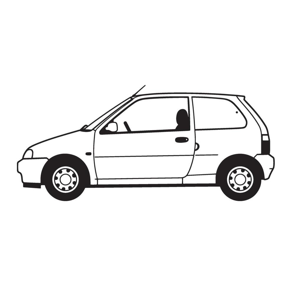 Black and white line art illustration of a small modern compact car in profile vector