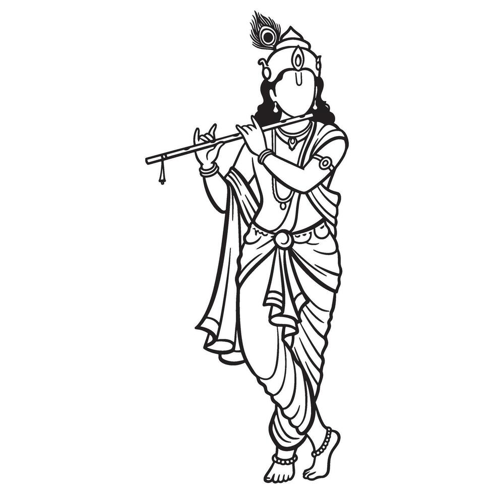 Black and white illustration of lord krishna playing a flute and wearing traditional indian attire. vector