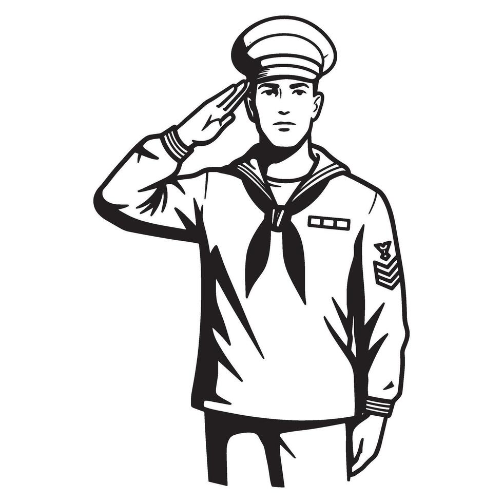 A illustration of a saluting us navy sailor in a classic black and white style vector