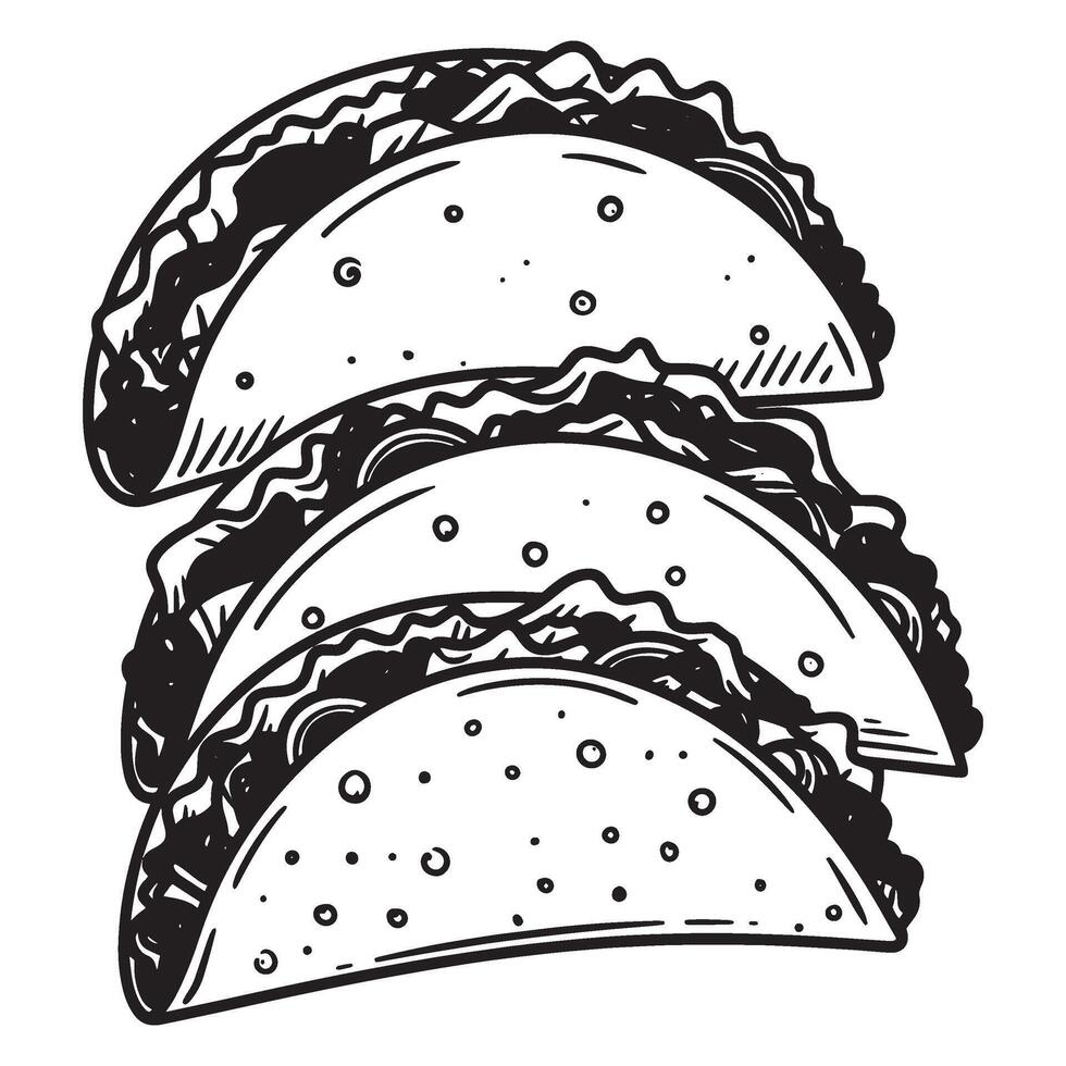 Simple black and white illustration of three delicious filled tacos ready to eat vector