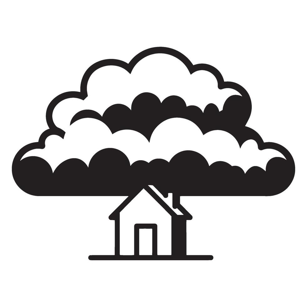 Black and white illustration of a house underneath a cloud symbolizing weather or concept vector