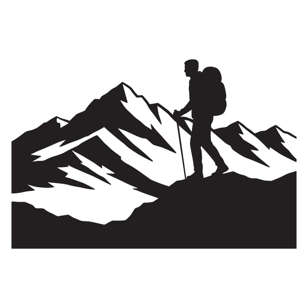 Silhouette of hiker ascending mountain with backpack and trekking poles in black and white vector