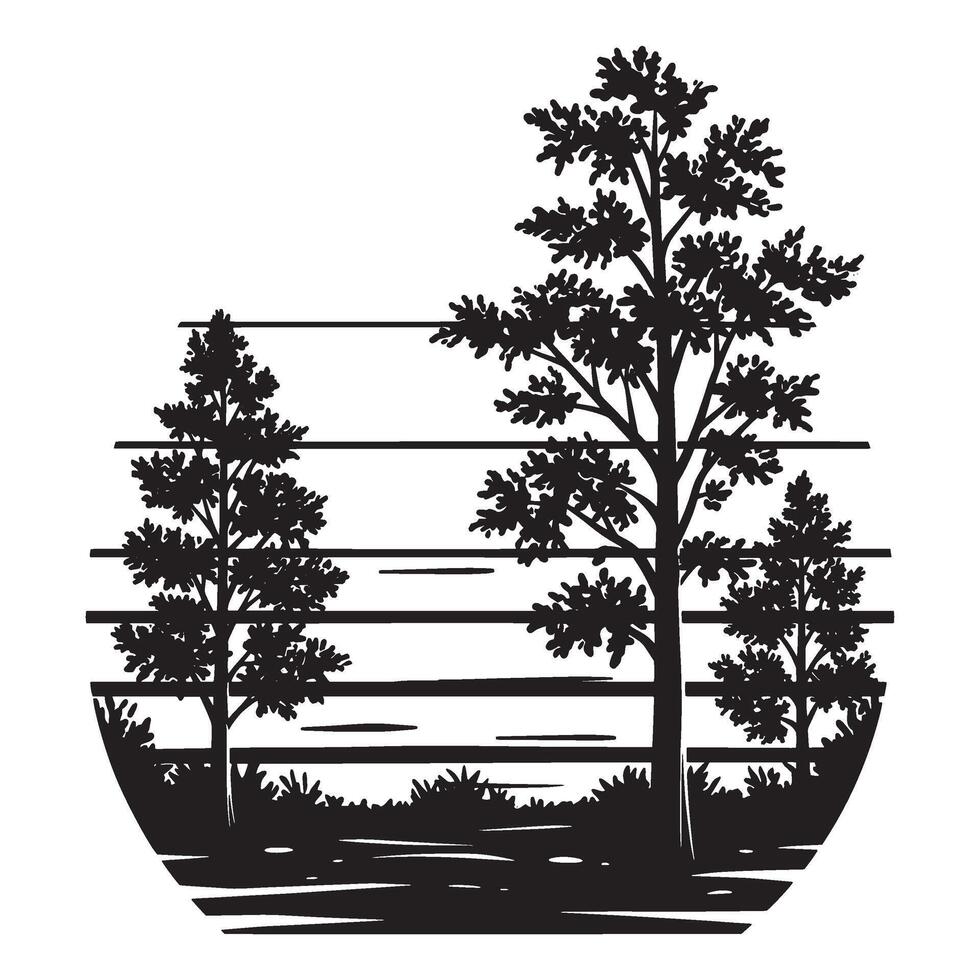 Black and white illustration of trees and landscape within a circular frame design vector