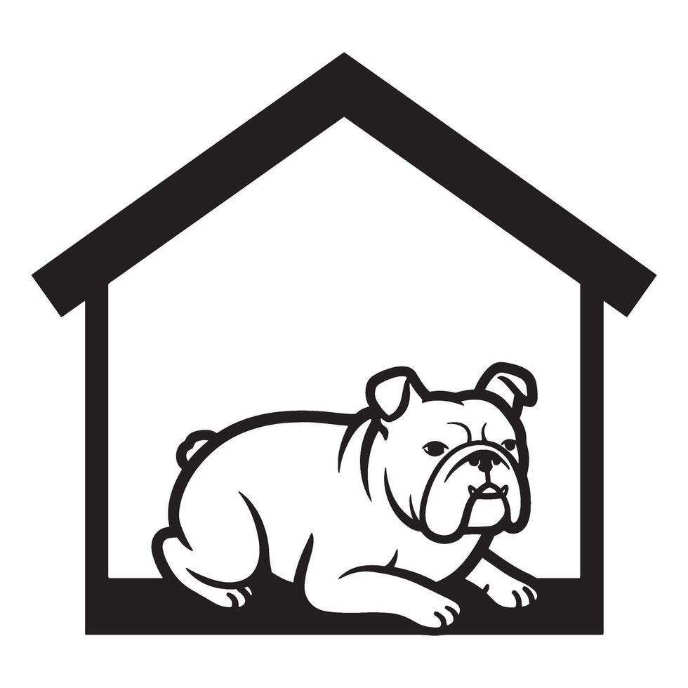 Simple black and white illustration of a bulldog resting inside a dog house vector