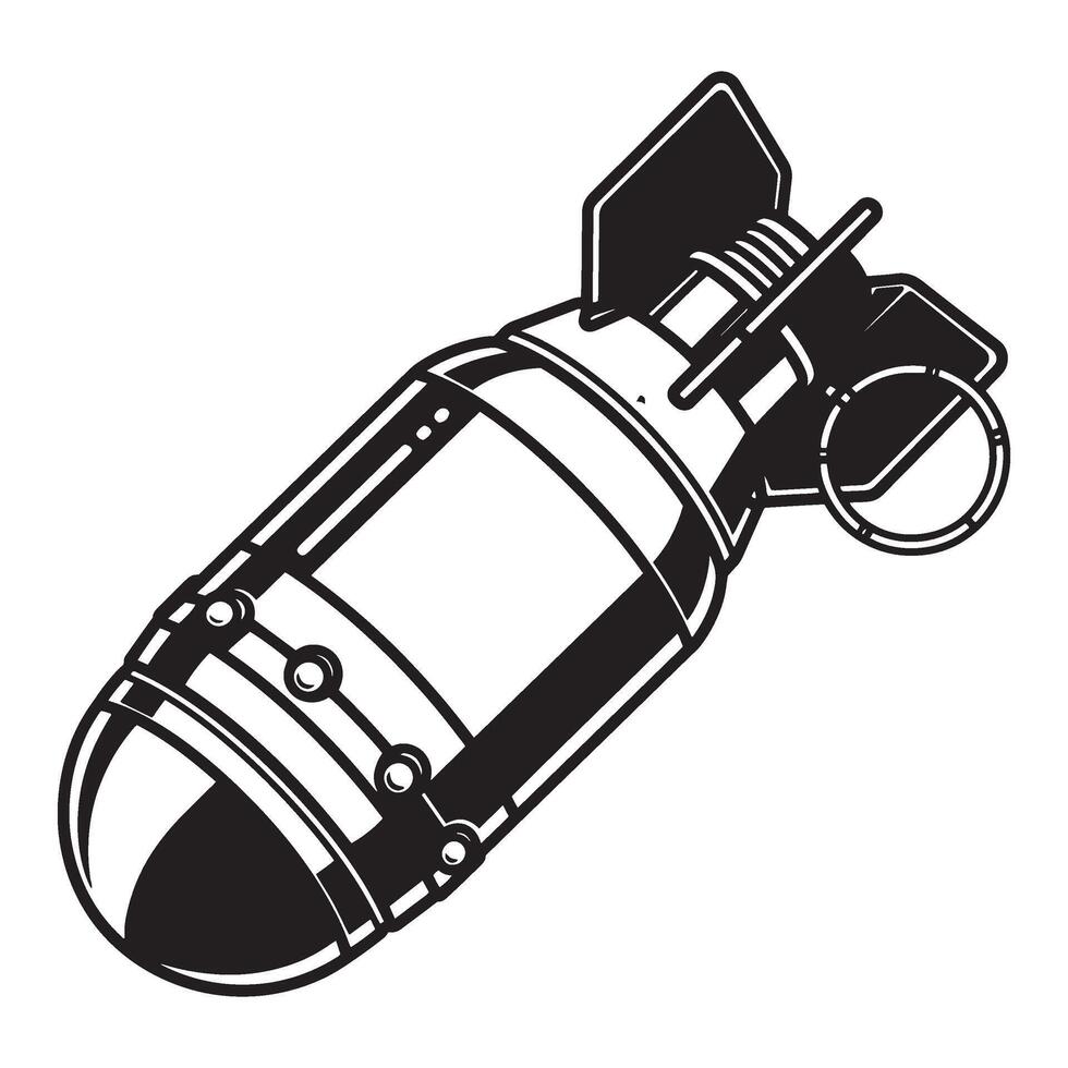 Classic black and white illustration of an airborne bomb with fins and detailing ready to deploy vector