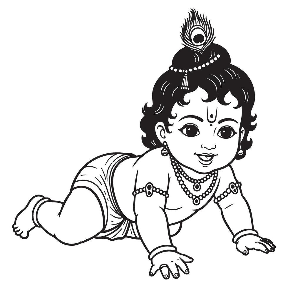 Adorable black and white illustration of baby lord krishna crawling on white background vector