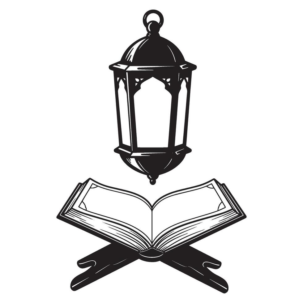 Islamic lantern and quran illustration in monochrome celebrating ramadan and islamic faith vector