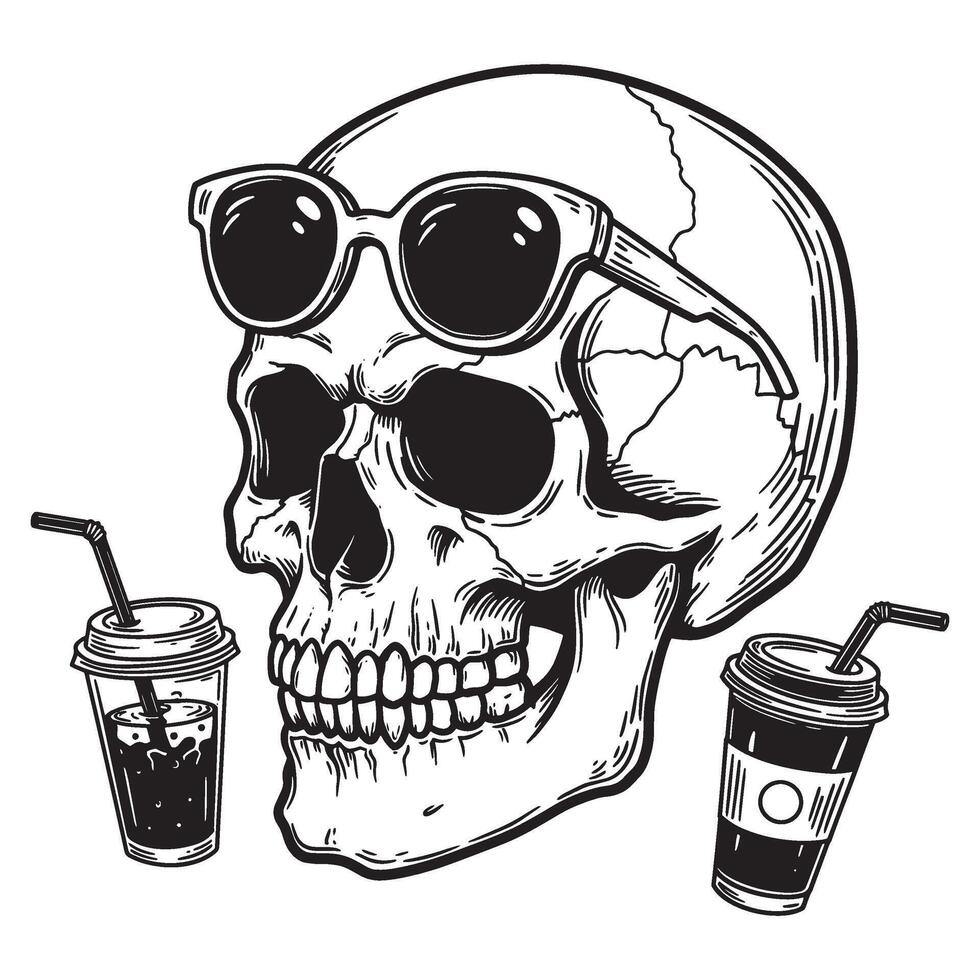 Cool skull wearing sunglasses with beverages in black and white illustration vector