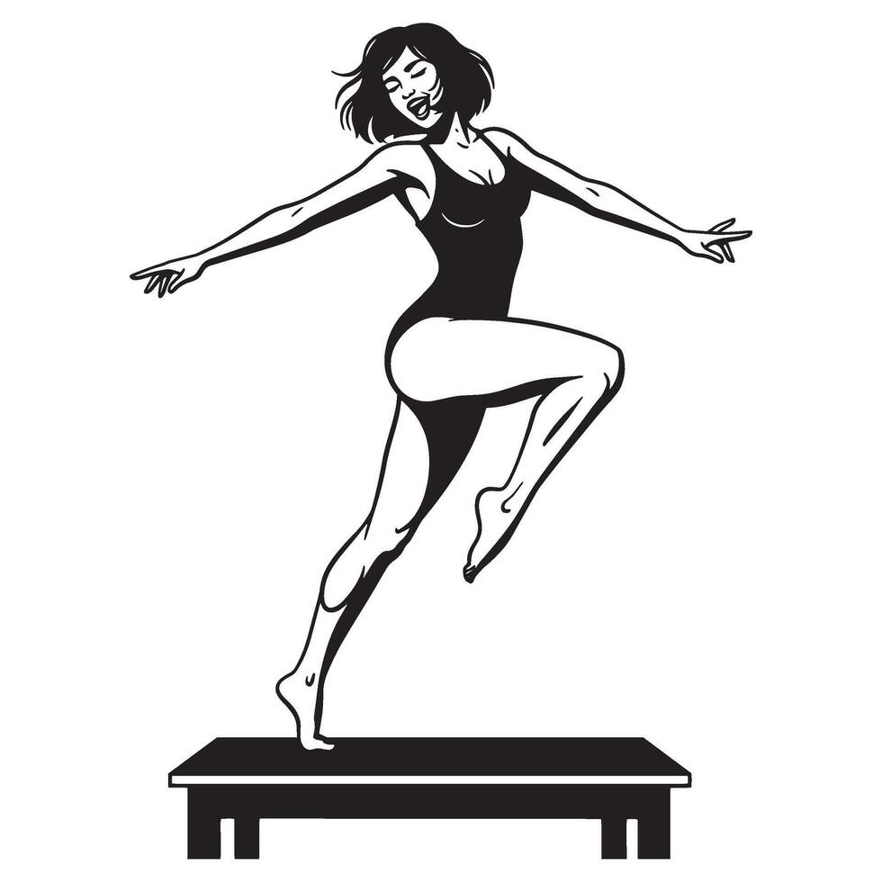 Elegant black and white illustration of a graceful woman jumping on a platform vector