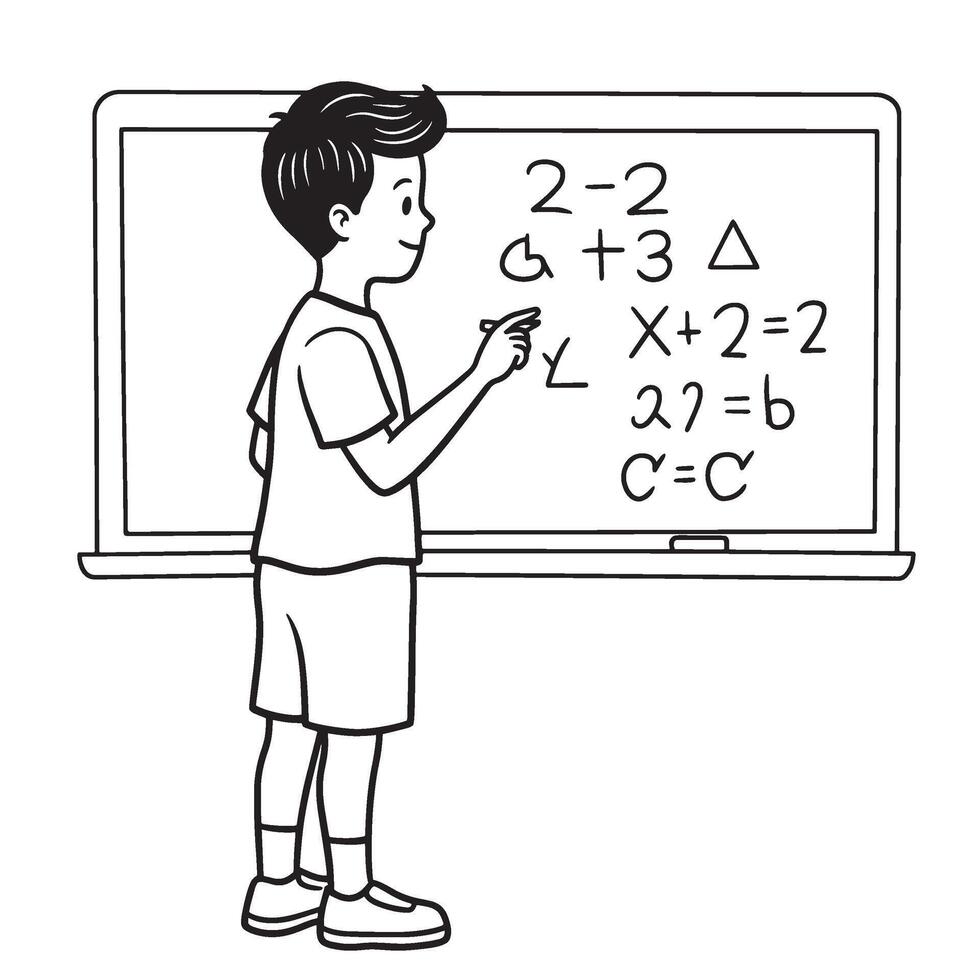 Young boy solving math equations on blackboard illustration for education vector
