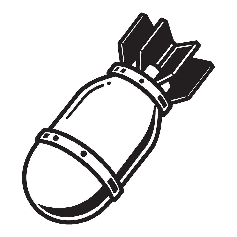 Black and white illustration of a classic military bomb with a simplistic graphic design vector