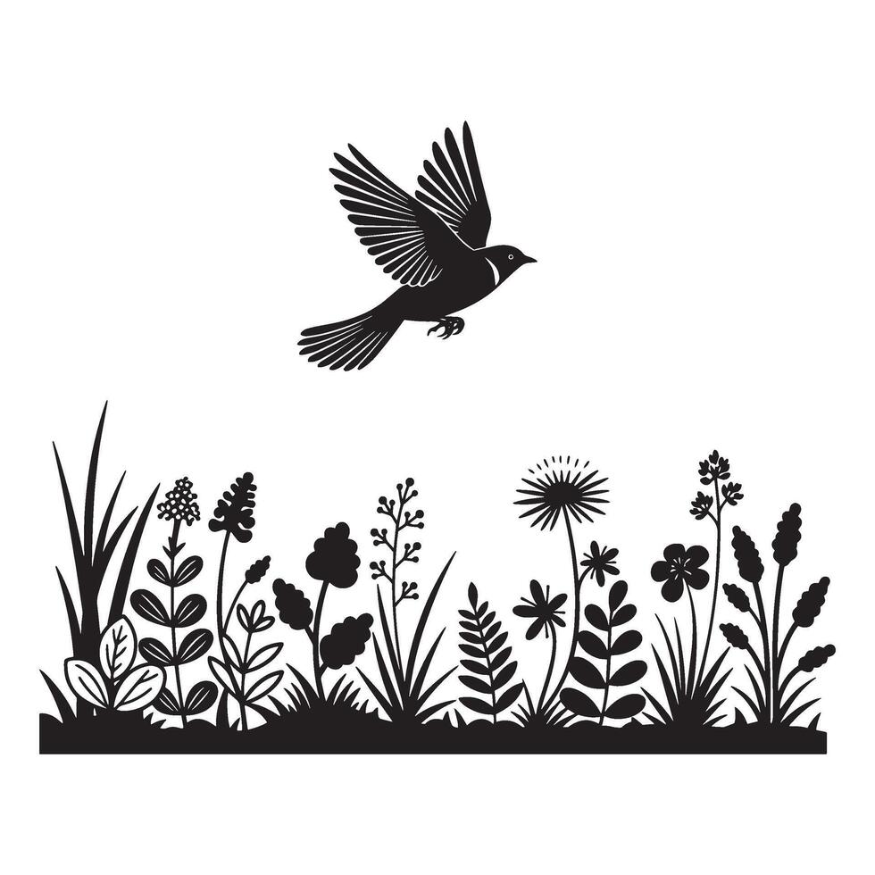 Silhouette illustration of a bird flying over a wildflower meadow in a natural setting vector