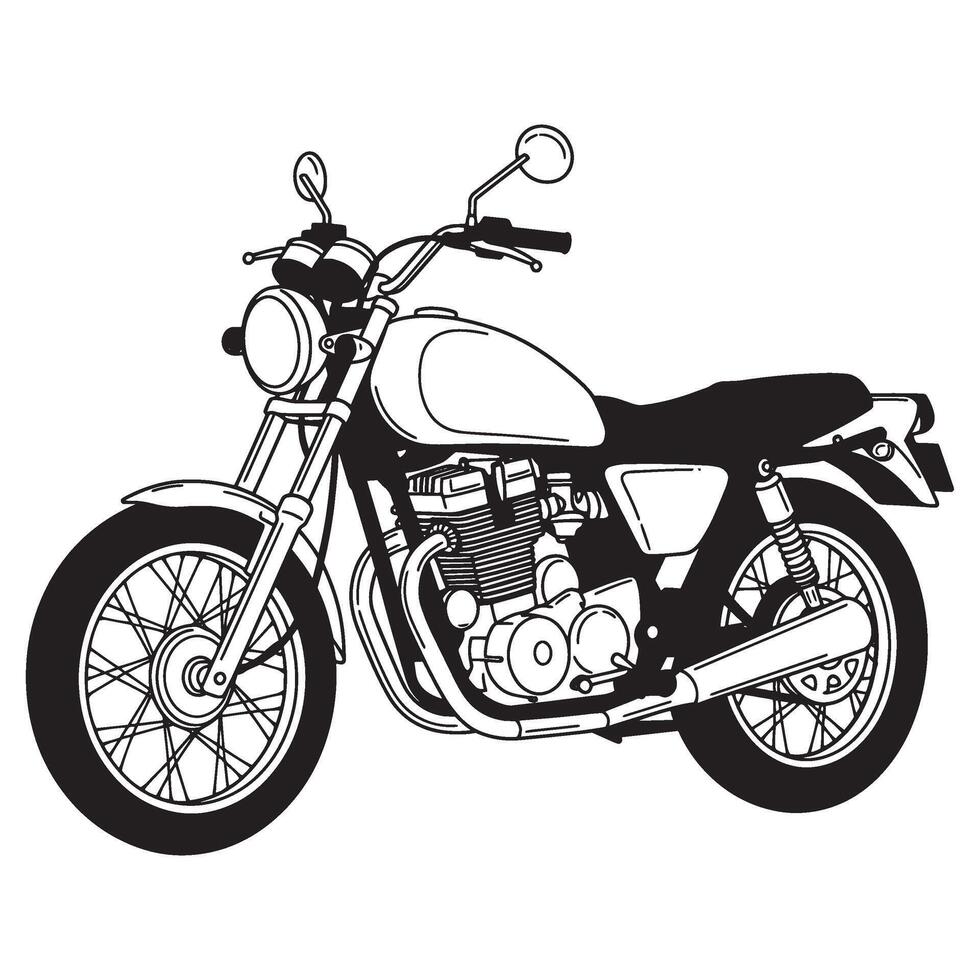 Black and white illustration of a classic motorcycle with detailed engine and design vector