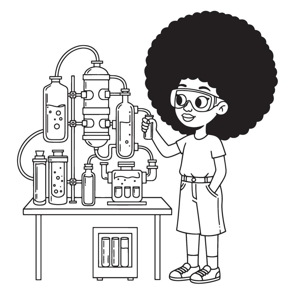 Black and white illustration of a young scientist working with laboratory equipment in a science lab vector
