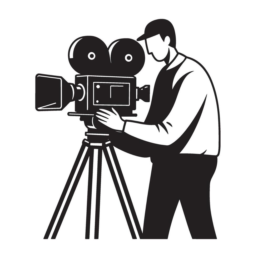 Black and white illustration of a cameraman operating a classic movie camera vector