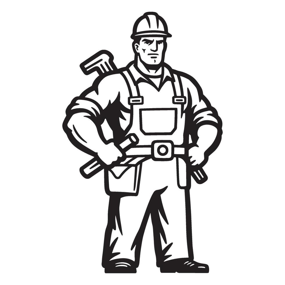 Confident construction worker in overalls and hardhat holding tools ready for work vector