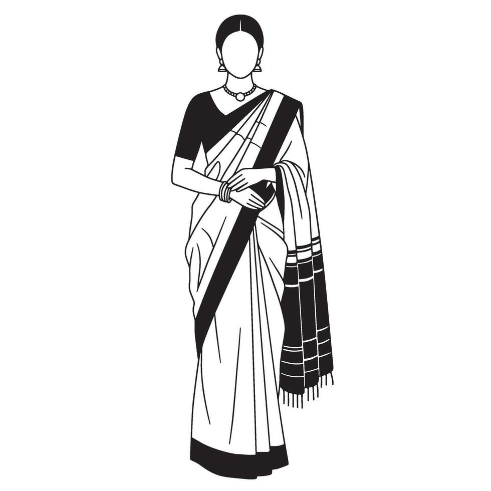 Elegant line art illustration of a woman wearing traditional indian sari and accessories vector