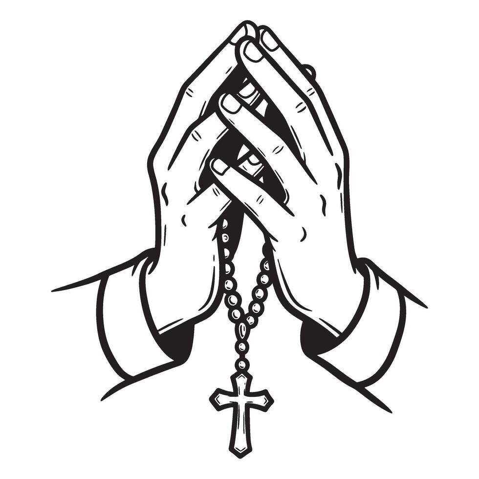 Hand drawn illustration of praying hands holding a rosary with a christian cross vector