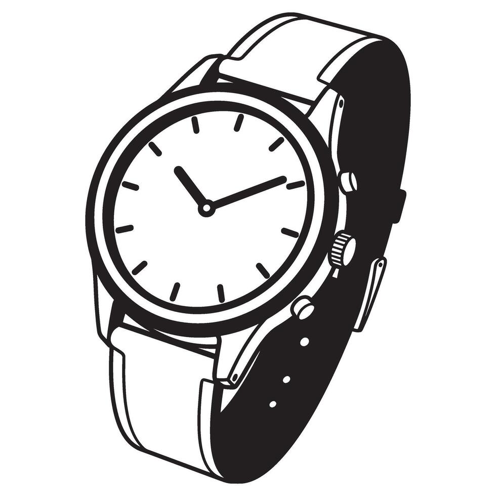 Elegant black and white illustration of a classic analog wristwatch with leather strap vector