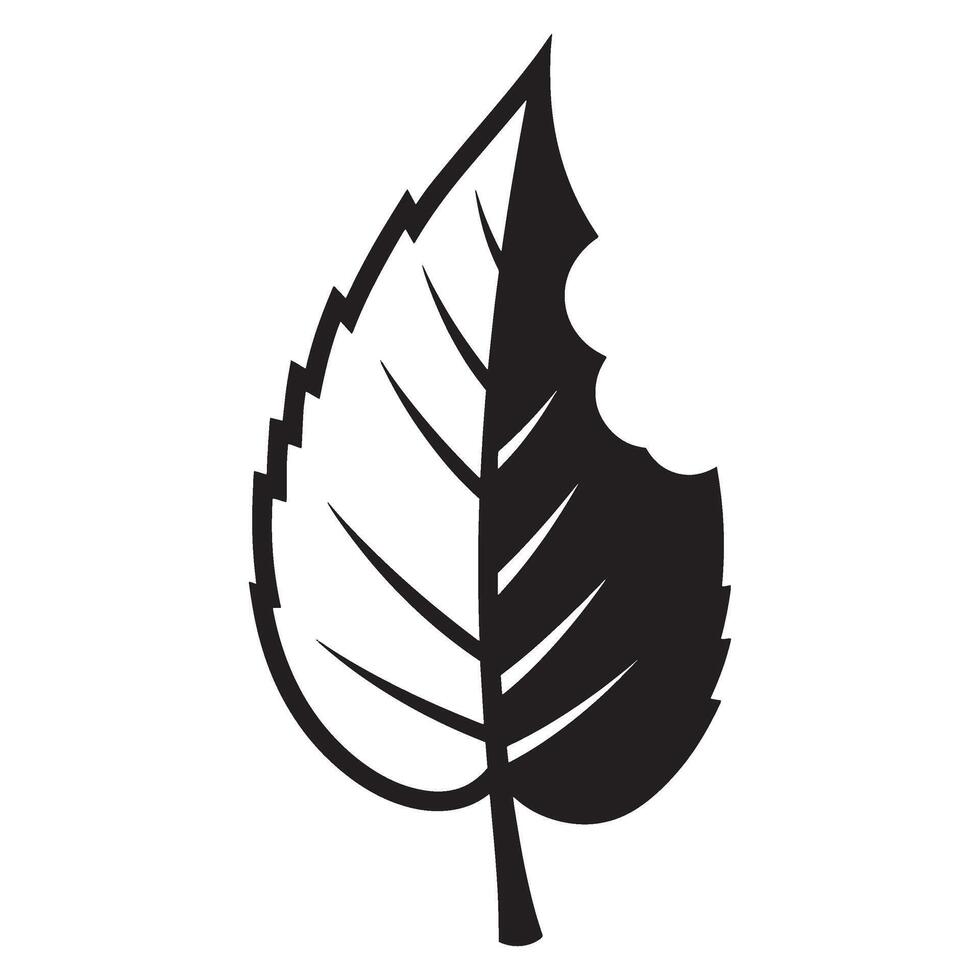 Simple black and white illustration of a leaf with a bite taken out symbolizing damage vector