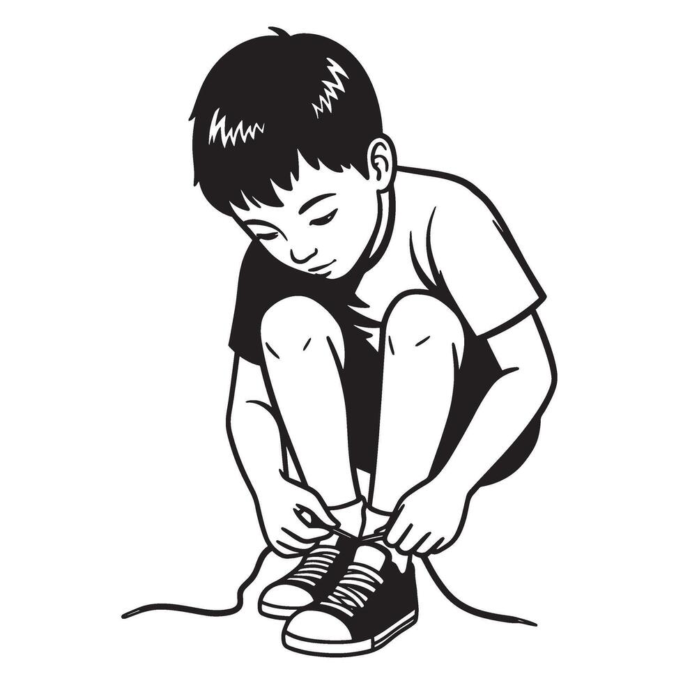 Illustration of a young boy squatting and tying his shoe laces in a simple black and white style vector