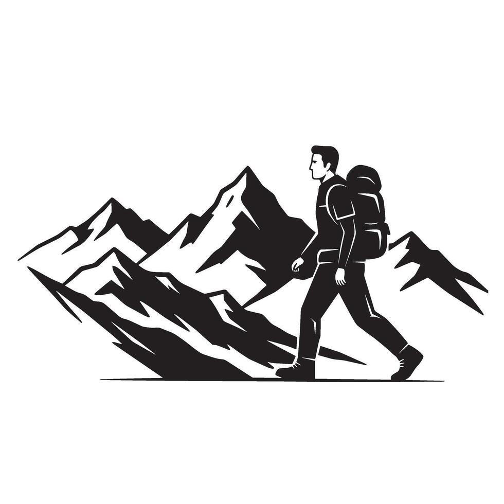 Black and white silhouette of a hiker trekking through mountainous terrain in adventure vector
