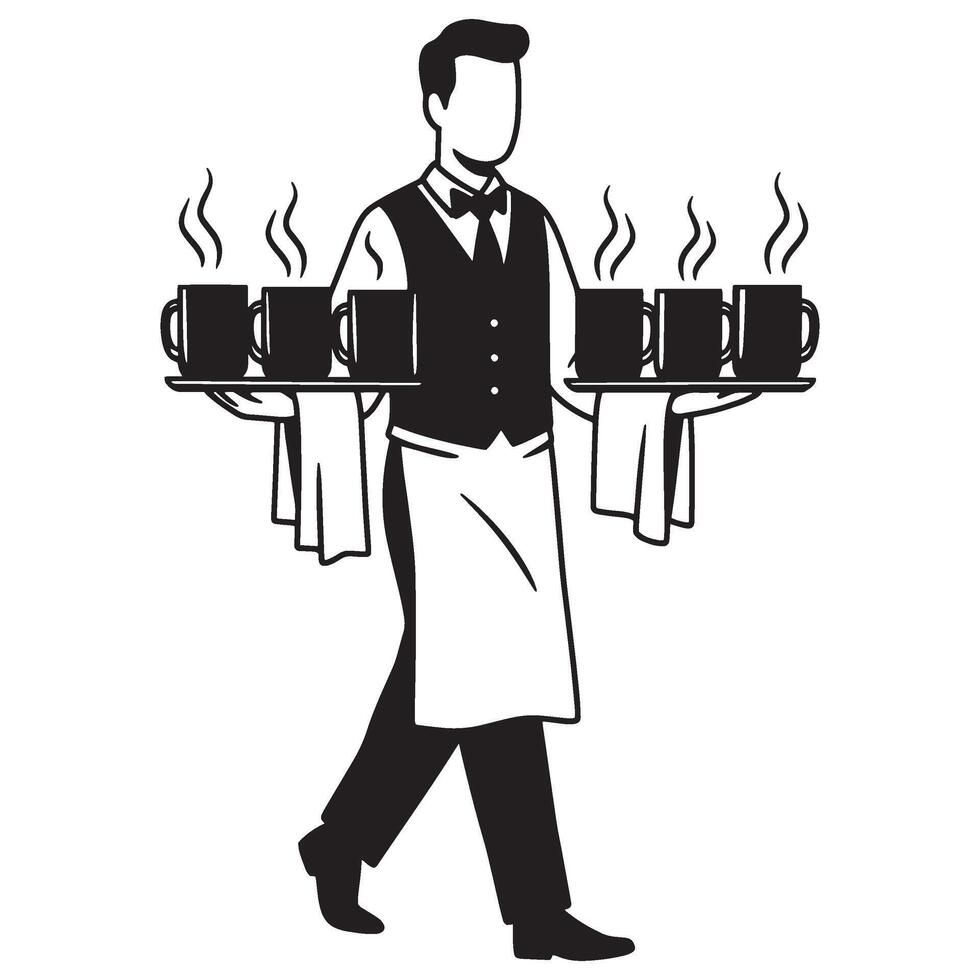 A black and white illustration of a server carrying trays of steaming coffee mugs vector