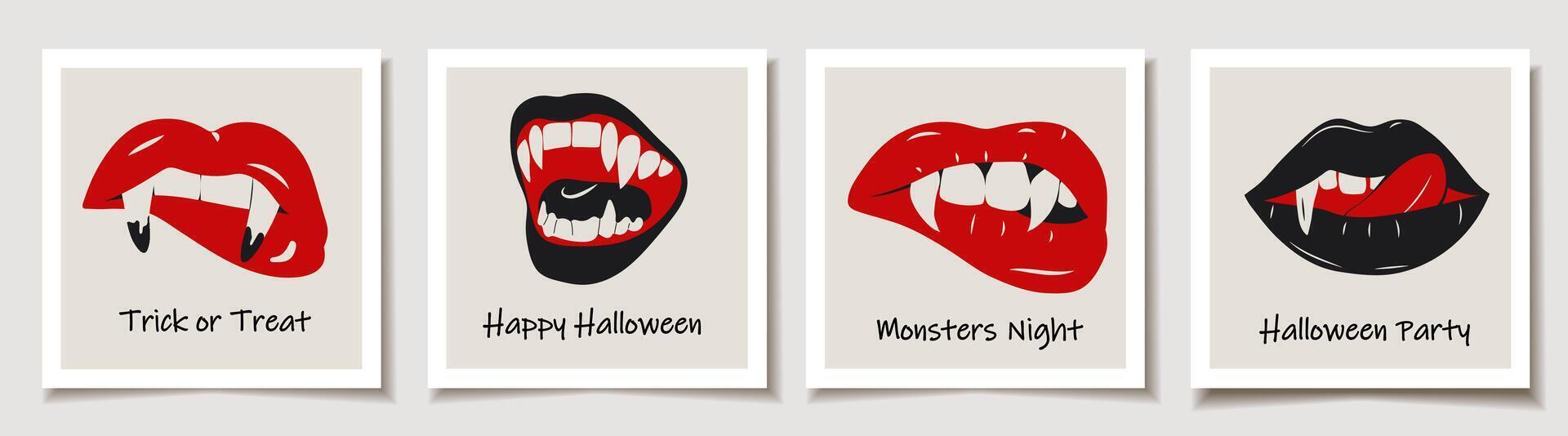 Set of Halloween cards with glamorous set of vampire lips featuring blood red color and sharp fangs, offering a bold and dramatic look. Greeting cards. vector